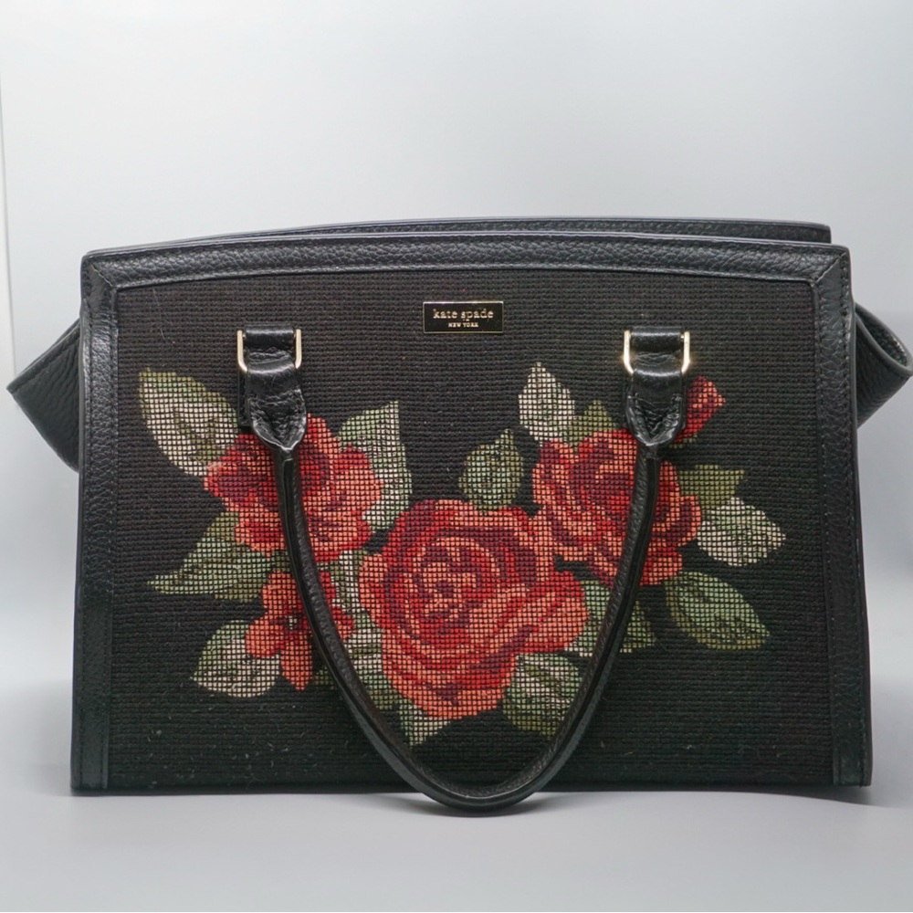 Kate Spade New York Black Floral Satchel Bag Detachable Animal Print Strap Gold
